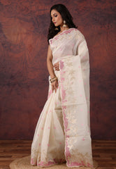 White Organza Kantha Silk Saree With Blouse Piece - Adi Akshoy & Co.