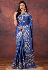 Blue Pure Tussar Kantha Silk Saree With Blouse Piece - Adi Akshoy & Co.