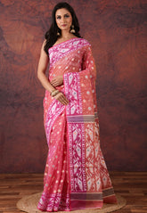 Hot Pink Dhakai Jamdani Cotton Saree without Blouse Piece - Adi Akshoy & Co.