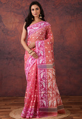 Hot Pink Dhakai Jamdani Cotton Saree without Blouse Piece - Adi Akshoy & Co.