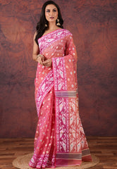 Hot Pink Dhakai Jamdani Cotton Saree without Blouse Piece - Adi Akshoy & Co.
