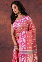 Hot Pink Dhakai Jamdani Cotton Saree without Blouse Piece - Adi Akshoy & Co.