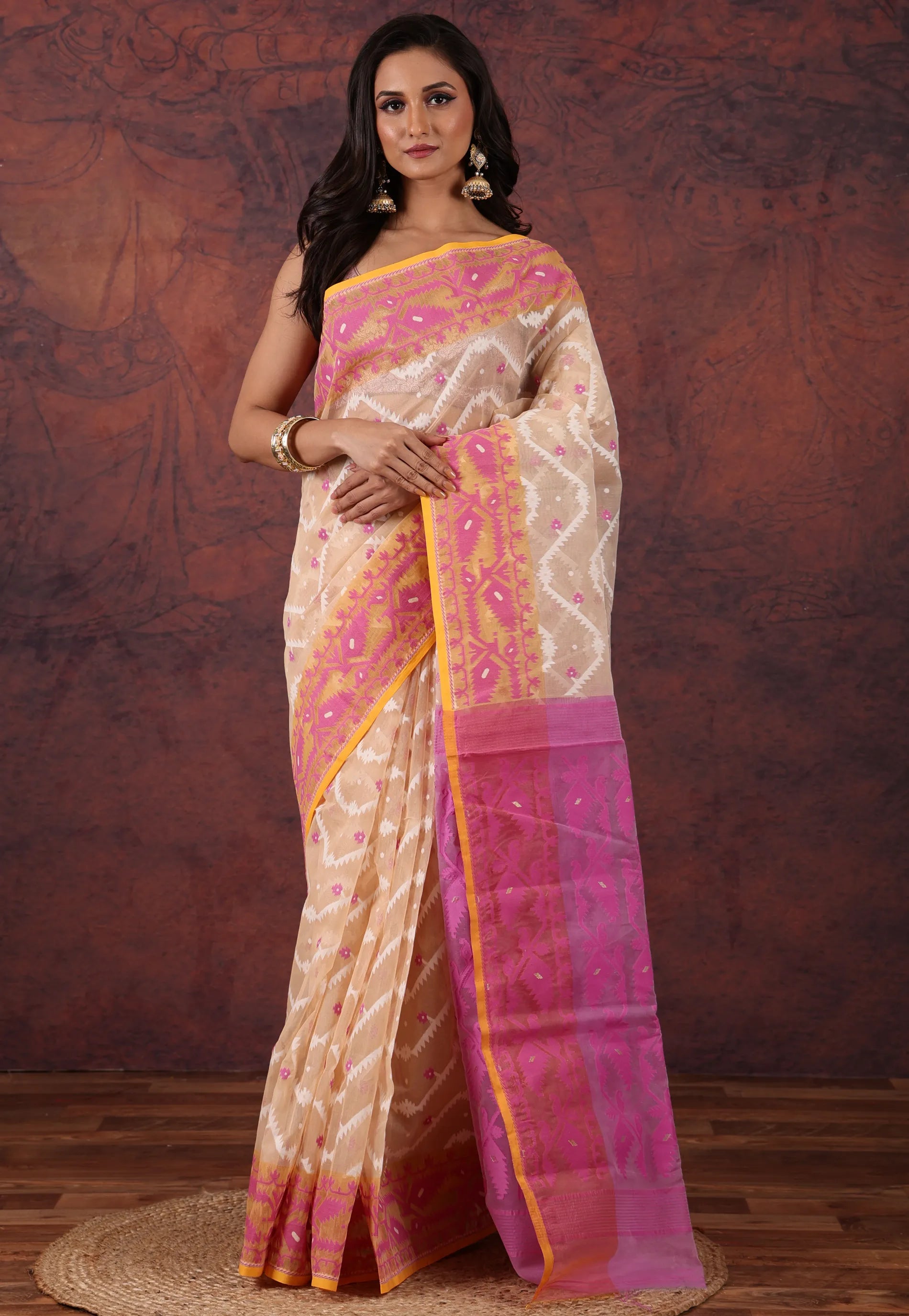 Beige Dhakai Jamdani Cotton Saree without Blouse Piece - Adi Akshoy & Co.