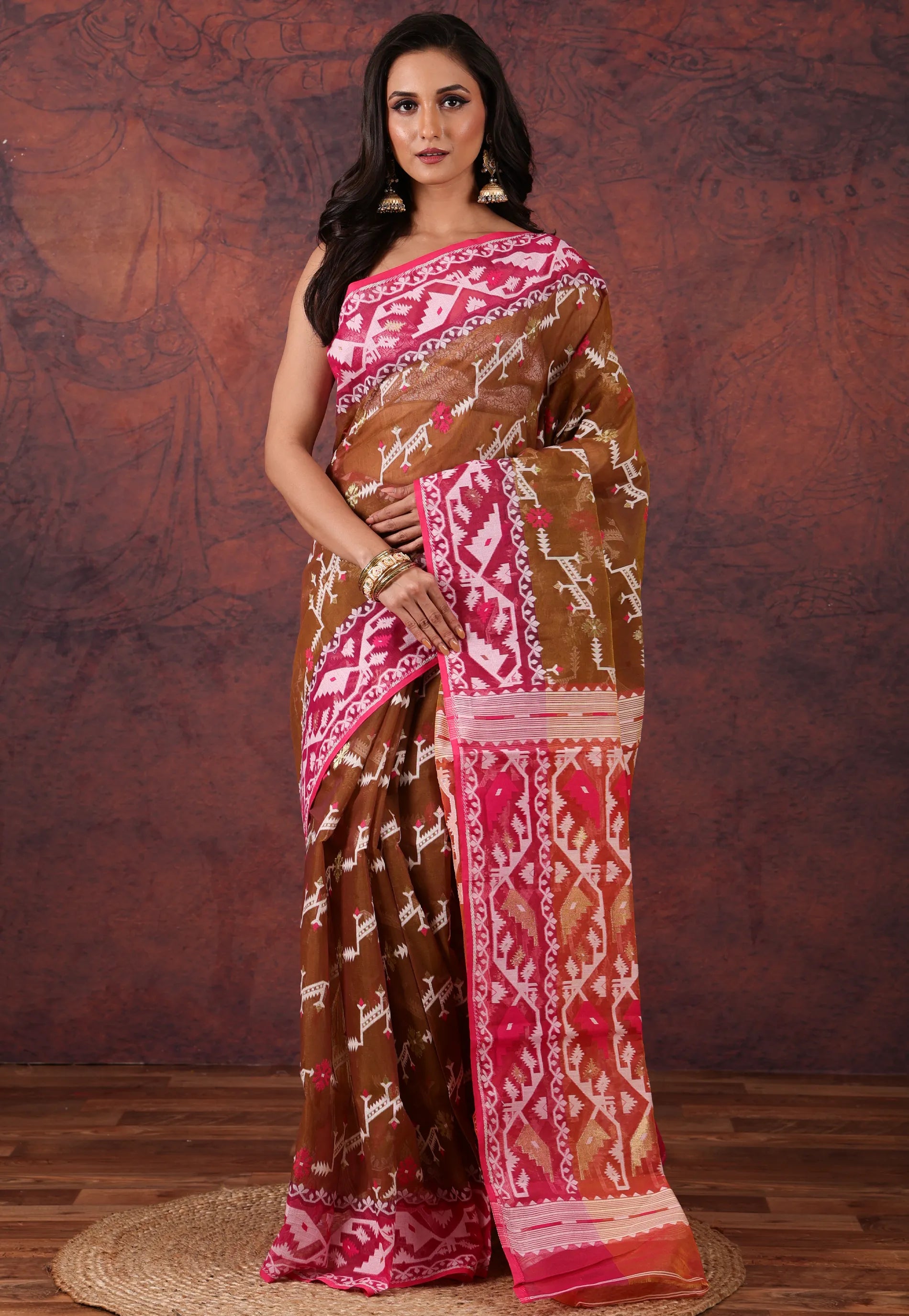 Brown Dhakai Jamdani Cotton Saree without Blouse Piece - Adi Akshoy & Co.