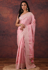 Pink Pure Tussar Kantha Silk Saree With Blouse Piece - Adi Akshoy & Co.
