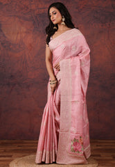 Pink Pure Tussar Kantha Silk Saree With Blouse Piece - Adi Akshoy & Co.
