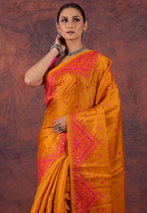 Orange Kantha Silk Saree With Blouse Piece - Adi Akshoy & Co.