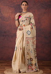 Cream Colour Kantha Silk Saree With Blouse Piece - Adi Akshoy & Co.