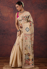 Cream Colour Kantha Silk Saree With Blouse Piece - Adi Akshoy & Co.
