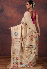 Cream Colour Kantha Silk Saree With Blouse Piece - Adi Akshoy & Co.
