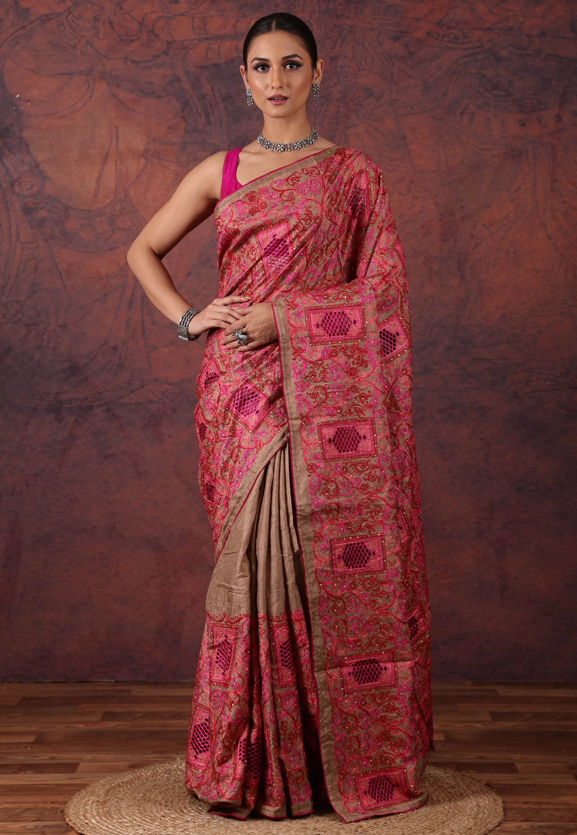 Brown with Rani Weaves Kantha Silk Saree With Blouse Piece - Adi Akshoy & Co.