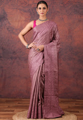 Mauve Pink Pure Tussar Kantha Silk Saree With Blouse Piece - Adi Akshoy & Co.