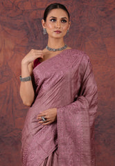 Mauve Pink Pure Tussar Kantha Silk Saree With Blouse Piece - Adi Akshoy & Co.