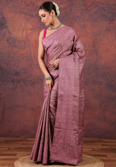 Mauve Pink Pure Tussar Kantha Silk Saree With Blouse Piece - Adi Akshoy & Co.