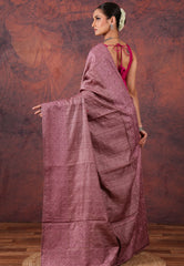 Mauve Pink Pure Tussar Kantha Silk Saree With Blouse Piece - Adi Akshoy & Co.