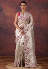 White Silver Colour Tissue Kantha Silk Saree With Blouse Piece - Adi Akshoy & Co.
