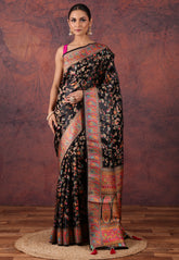 Black Kani Silk Saree With Blouse Piece - Adi Akshoy & Co.