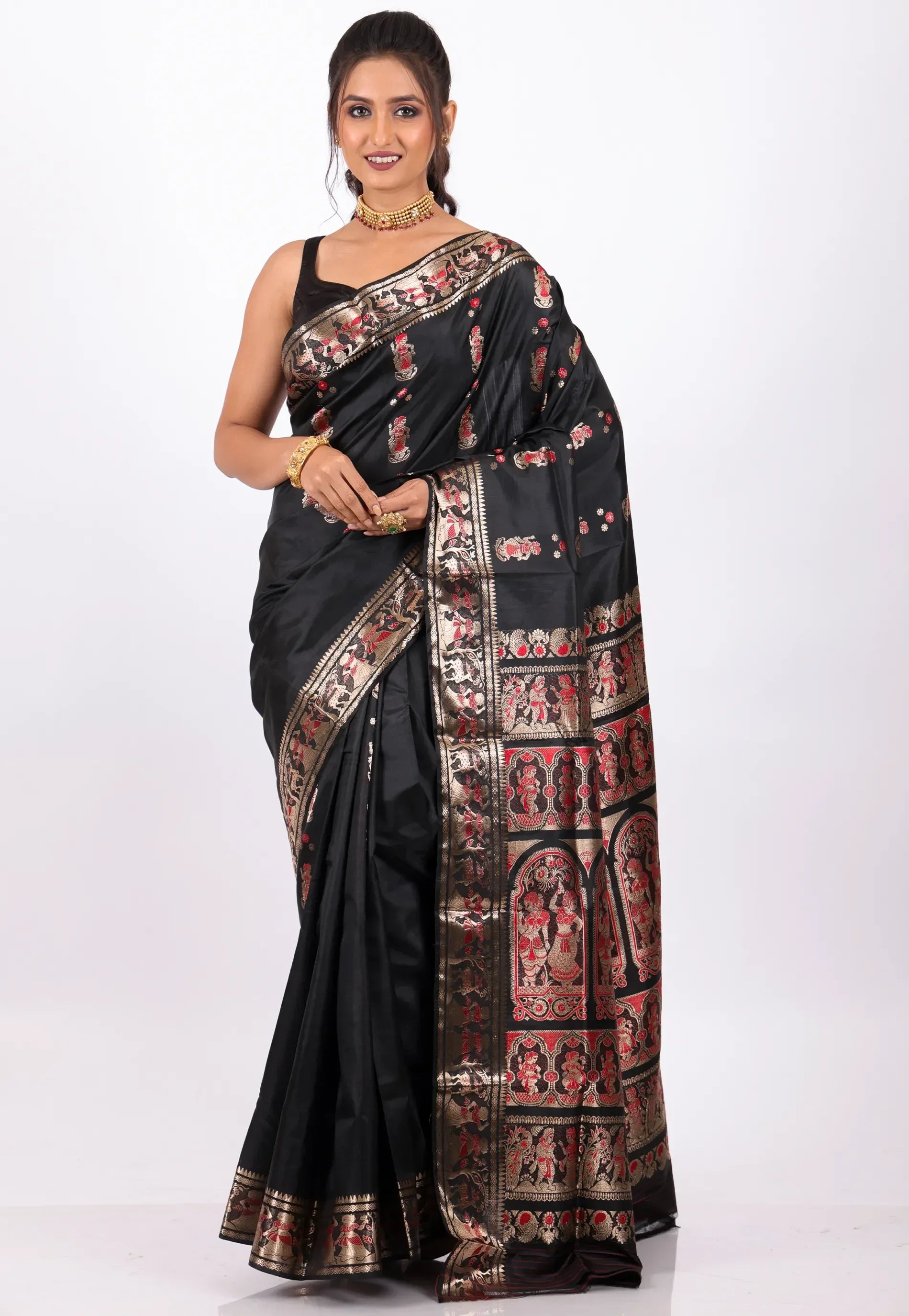 Black Baluchari with Zari work Pure Silk Saree with Blouse Piece - Adi Akshoy & Co.