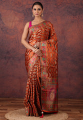 Rust Colour Kani Silk Saree With Blouse Piece - Adi Akshoy & Co.
