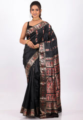 Black Baluchari with Zari work Pure Silk Saree with Blouse Piece - Adi Akshoy & Co.