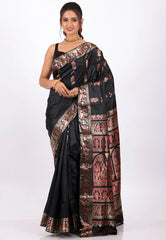 Black Baluchari with Zari work Pure Silk Saree with Blouse Piece - Adi Akshoy & Co.