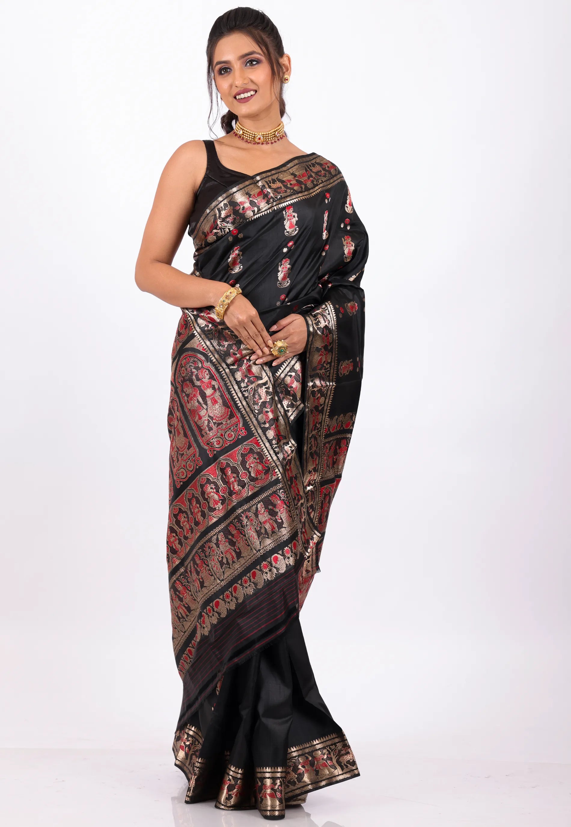 Black Baluchari with Zari work Pure Silk Saree with Blouse Piece - Adi Akshoy & Co.