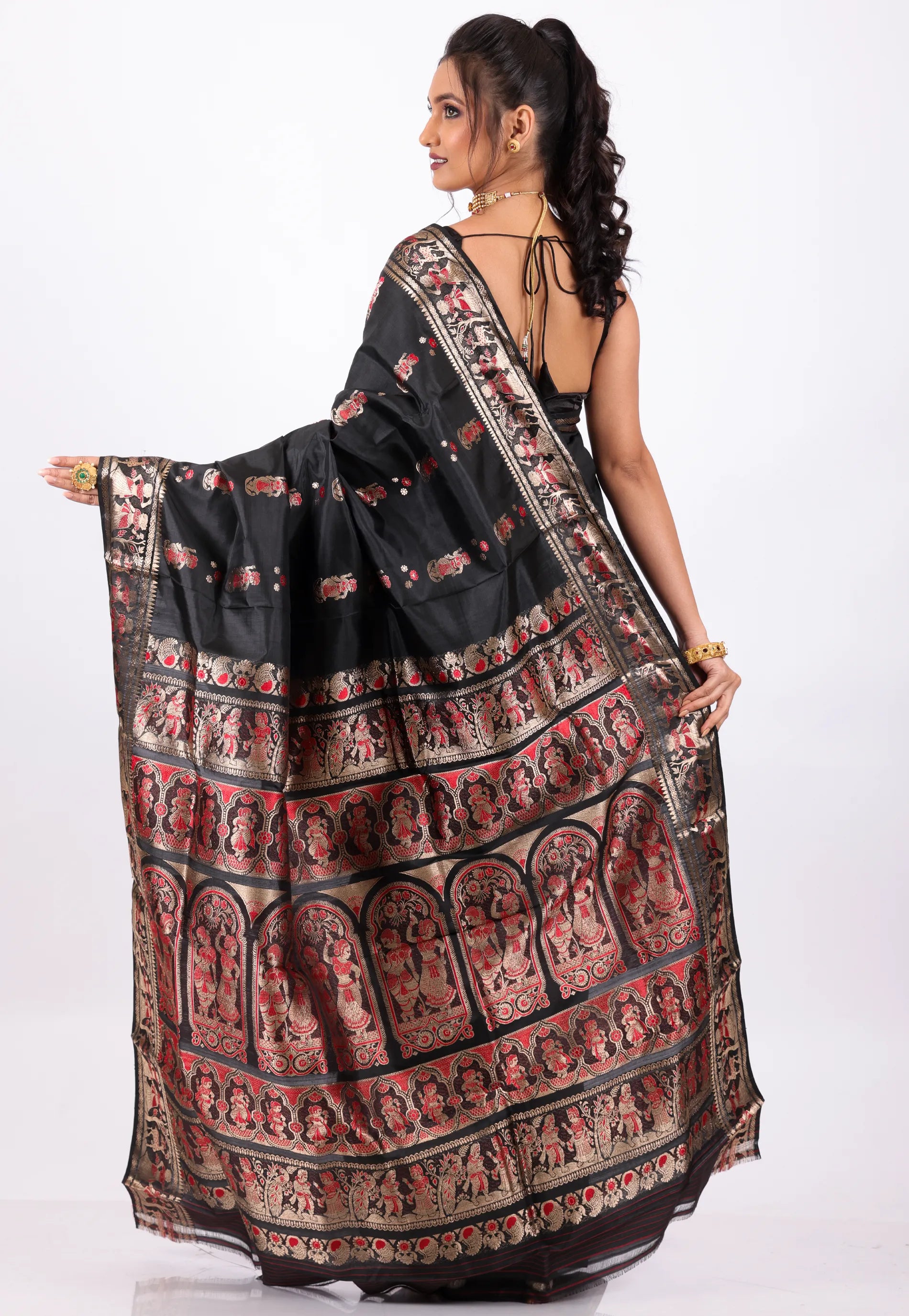 Black Baluchari with Zari work Pure Silk Saree with Blouse Piece - Adi Akshoy & Co.
