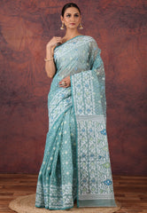Aqua Blue Dhakai Jamdani Cotton Saree with Blouse Piece - Adi Akshoy & Co.