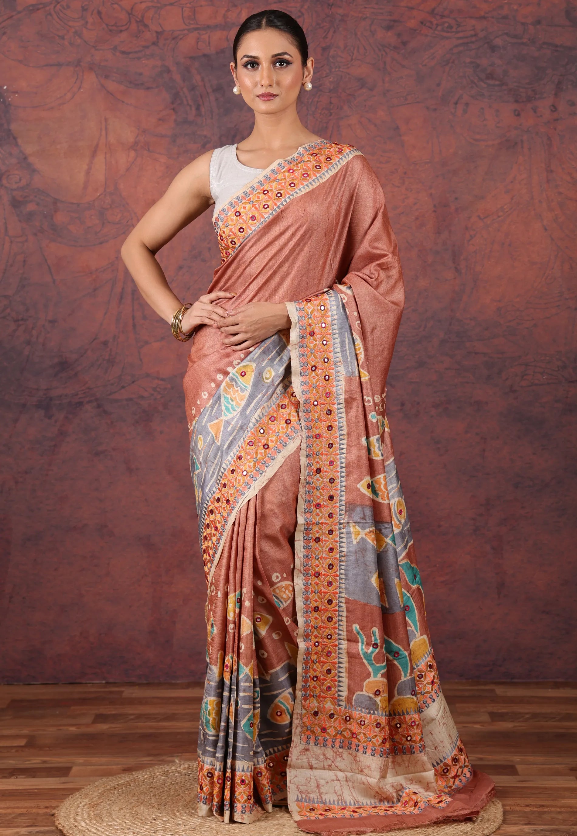 Brown Pure Tussar Kantha Silk Saree With Blouse Piece - Adi Akshoy & Co.
