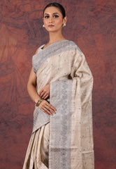 Ivory Pure Tussar Kantha Silk Saree With Blouse Piece - Adi Akshoy & Co.