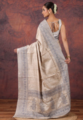 Ivory Pure Tussar Kantha Silk Saree With Blouse Piece - Adi Akshoy & Co.