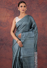 Steel Blue Pure Tussar Kantha Silk Saree With Blouse Piece - Adi Akshoy & Co.