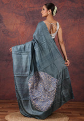 Steel Blue Pure Tussar Kantha Silk Saree With Blouse Piece - Adi Akshoy & Co.