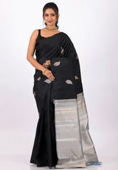 Black Pure Kanjivaram Silk with Zari Work Saree With Blouse Piece - Adi Akshoy & Co.