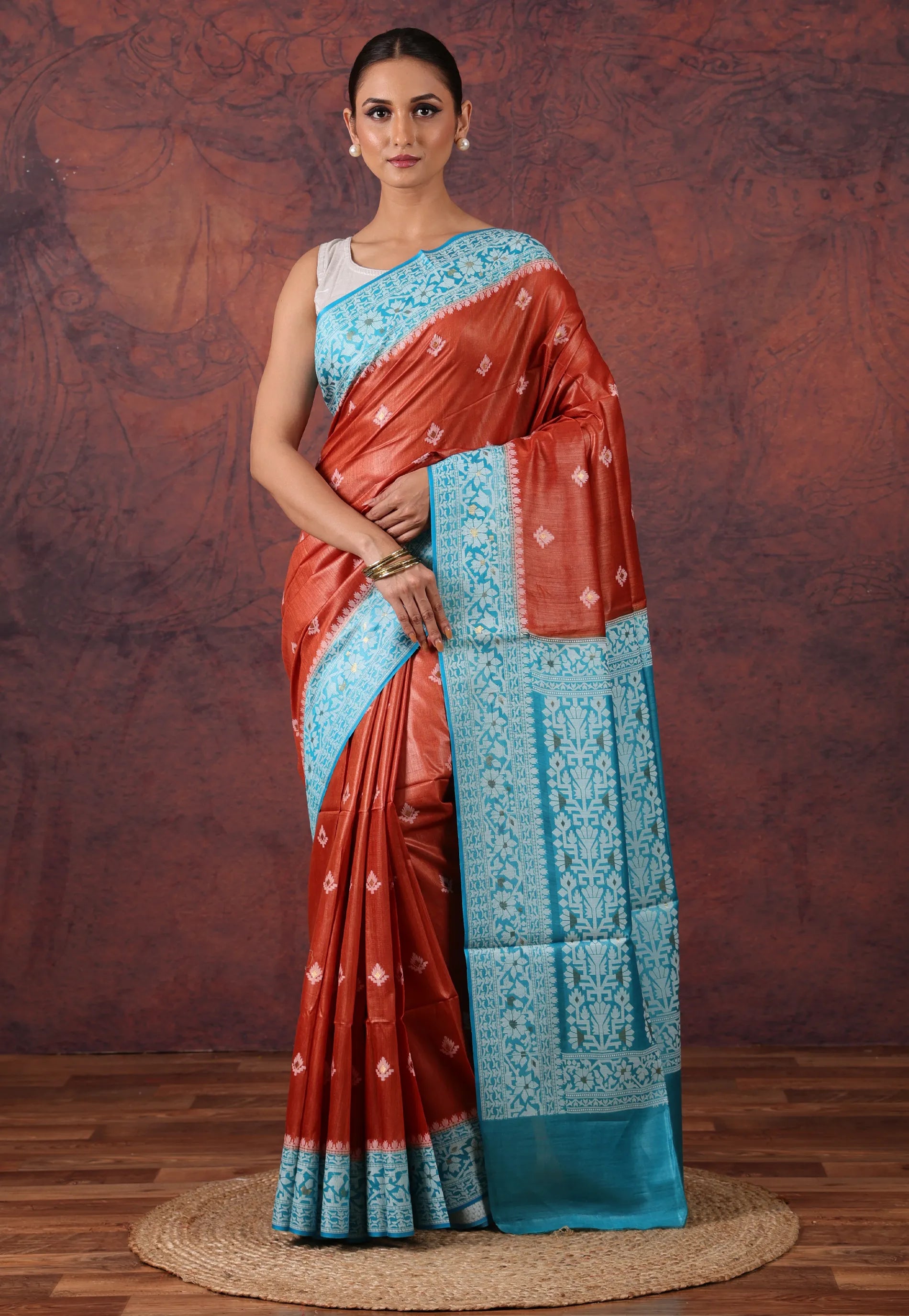 Rust Colour Pure Tussar Silk Saree with Blouse Piece - Adi Akshoy & Co.