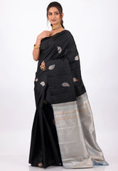 Black Pure Kanjivaram Silk with Zari Work Saree With Blouse Piece - Adi Akshoy & Co.