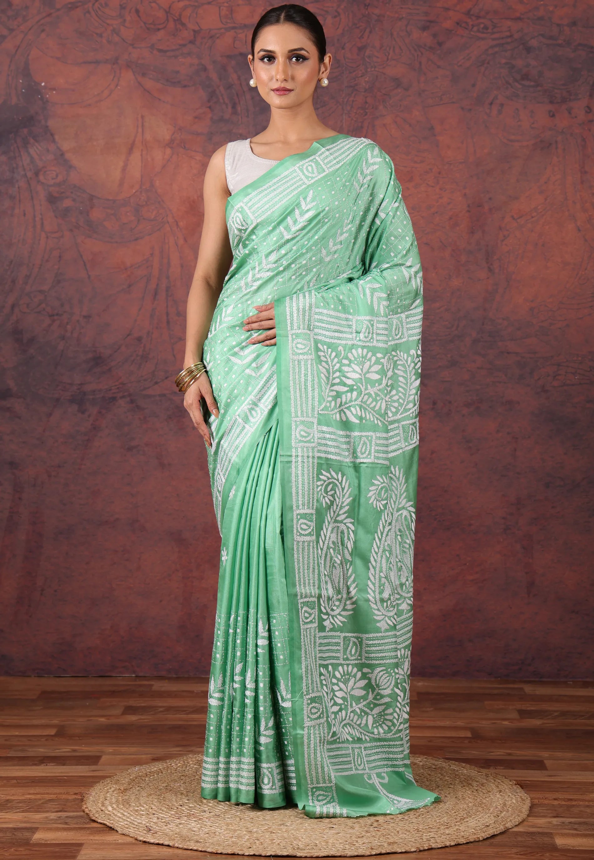 Mint Green Kantha Silk Saree With Blouse Piece - Adi Akshoy & Co.