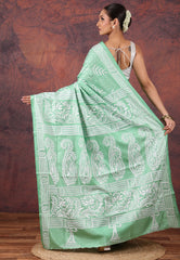 Mint Green Kantha Silk Saree With Blouse Piece - Adi Akshoy & Co.