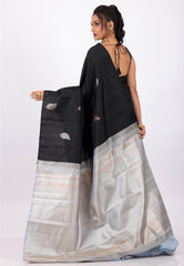 Black Pure Kanjivaram Silk with Zari Work Saree With Blouse Piece - Adi Akshoy & Co.