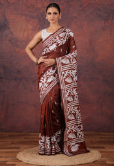 Deep Brown Kantha Silk Saree With Blouse Piece - Adi Akshoy & Co.