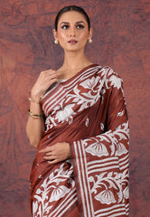 Deep Brown Kantha Silk Saree With Blouse Piece - Adi Akshoy & Co.