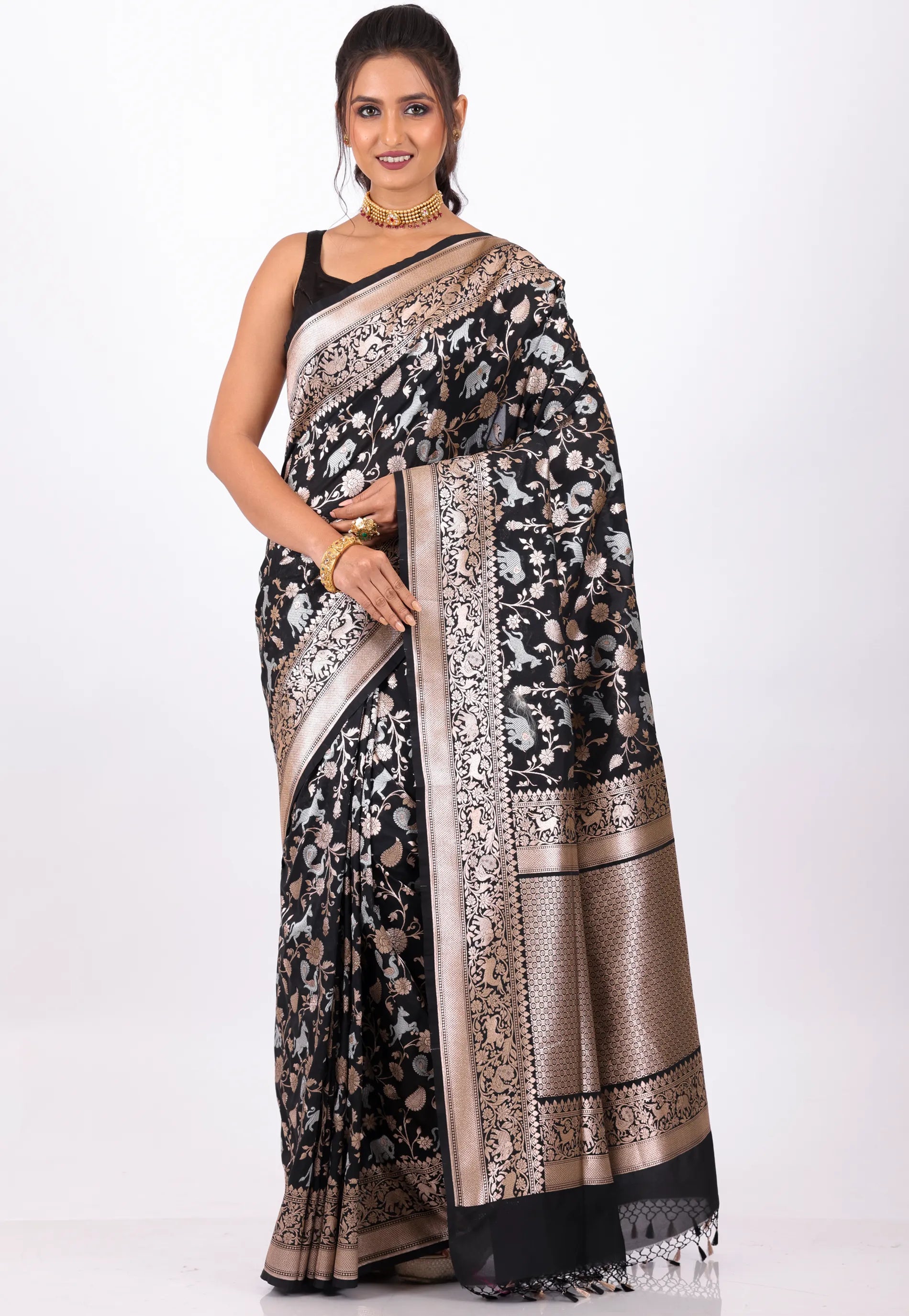 Black Shikargah Katan with Golden Silver Zari work Silk Saree With Blouse Piece - Adi Akshoy & Co.
