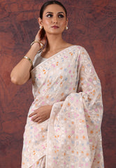 Off White Kantha Silk Saree with Blouse Piece - Adi Akshoy & Co.