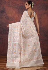Off White Kantha Silk Saree with Blouse Piece - Adi Akshoy & Co.
