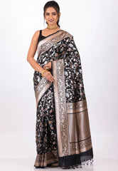 Black Shikargah Katan with Golden Silver Zari work Silk Saree With Blouse Piece - Adi Akshoy & Co.