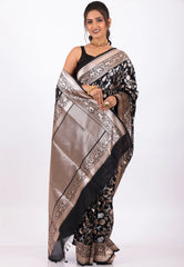 Black Shikargah Katan with Golden Silver Zari work Silk Saree With Blouse Piece - Adi Akshoy & Co.