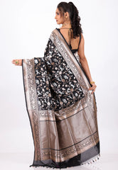 Black Shikargah Katan with Golden Silver Zari work Silk Saree With Blouse Piece - Adi Akshoy & Co.