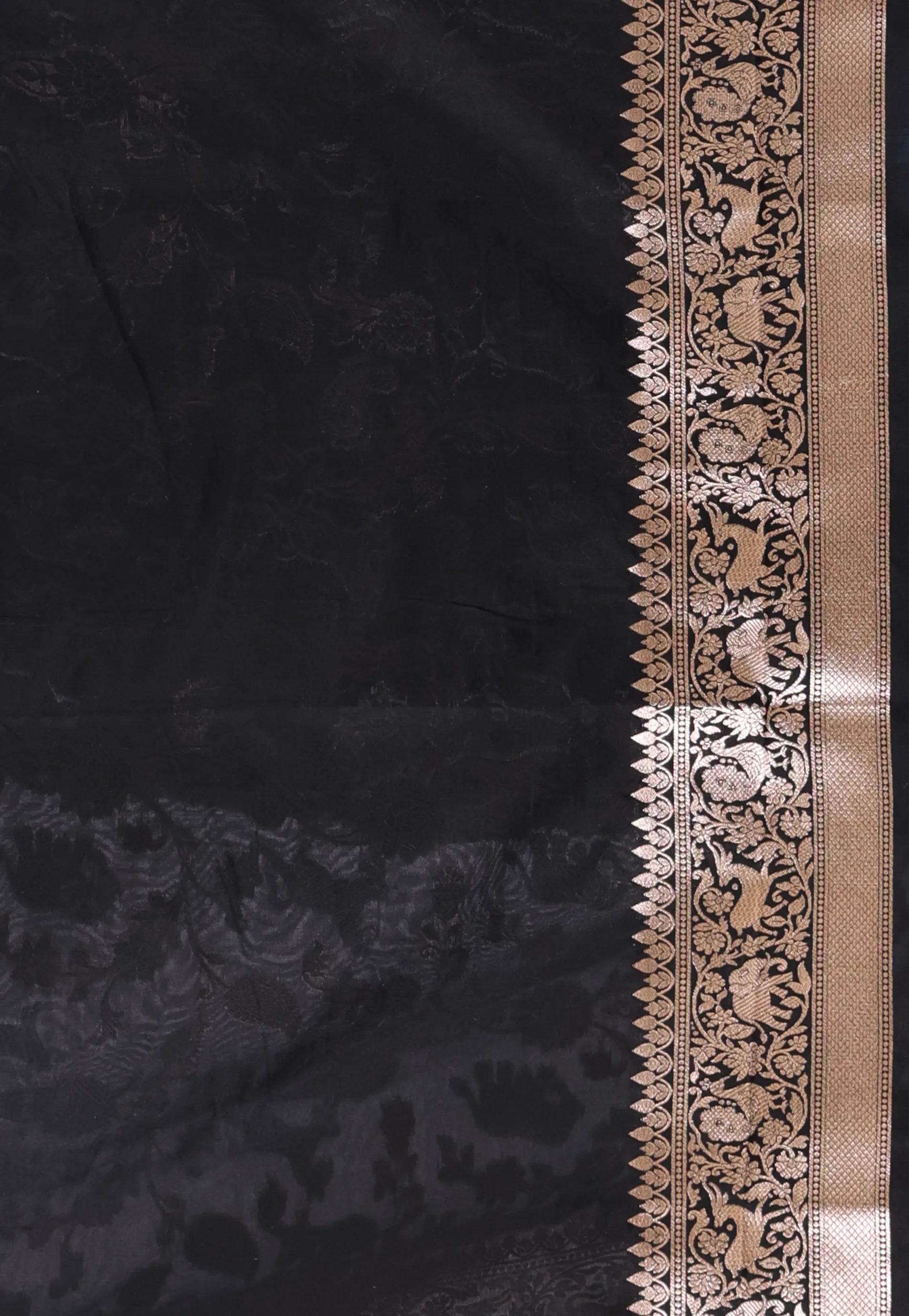 Black Shikargah Katan with Golden Silver Zari work Silk Saree With Blouse Piece - Adi Akshoy & Co.
