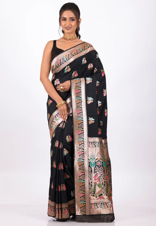 Black Baluchari with Golden Zari Work Silk Saree with Blouse Piece - Adi Akshoy & Co.