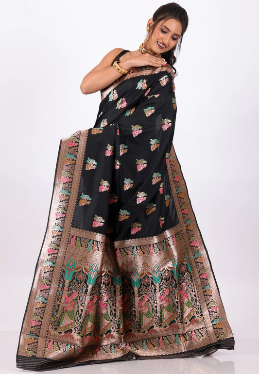 Black Baluchari with Golden Zari Work Silk Saree with Blouse Piece - Adi Akshoy & Co.